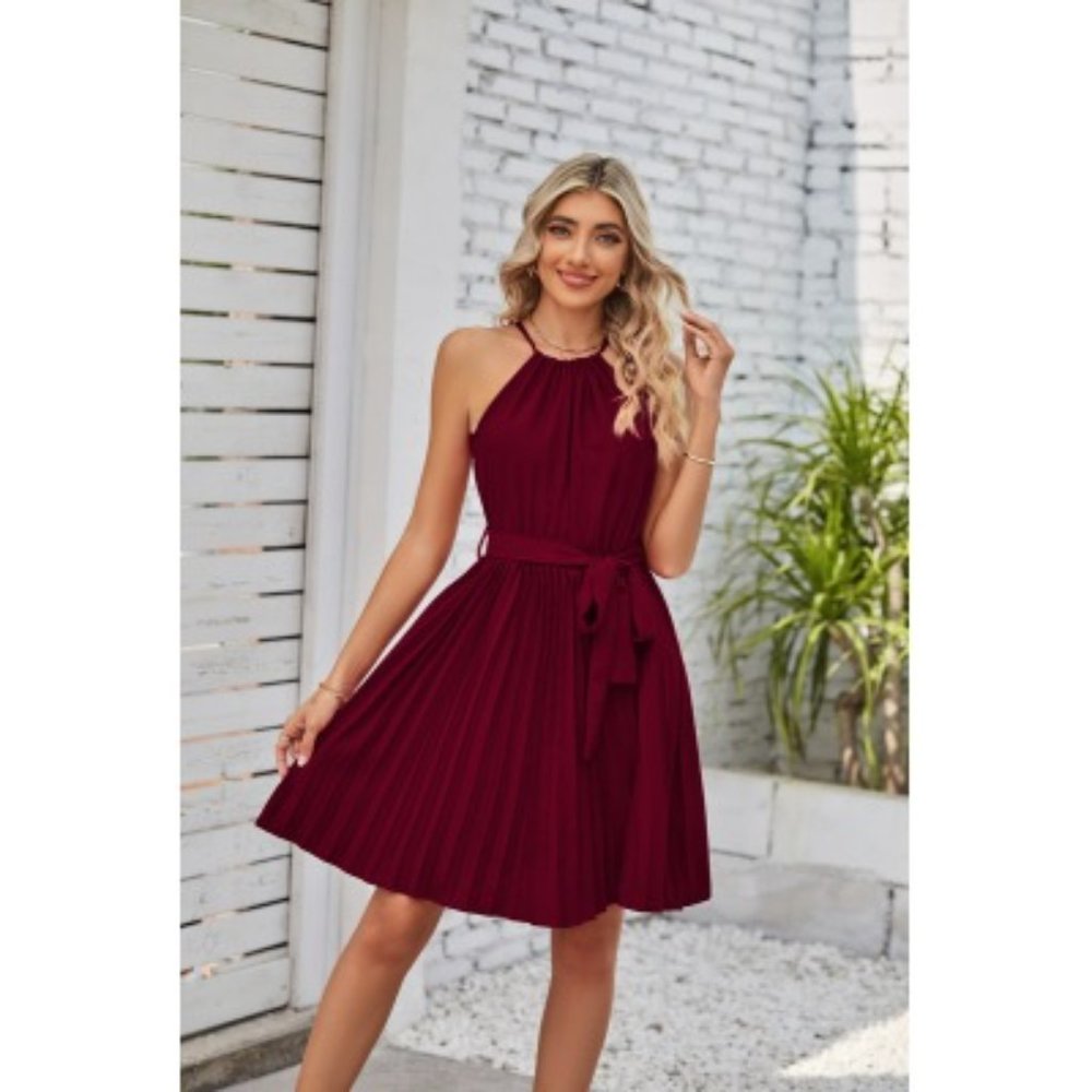 Halter Strapless Dresses For Women Solid Pleated Skirt Summer Beach Sundress